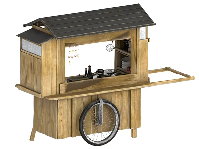 Wooden Mobile Food Cart With Black Roof Front Wheel And Cooking Utensils 3d model