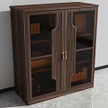 Brown Wooden Bookcase with Glass Doors and Golden Handles Featuring Shelves Books and Decorations