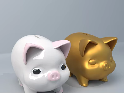 White And Golden Cute Piggy Bank Decorative Ornament Set For Home Decoration 3d model