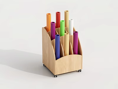 Kindergarten Mobile Wooden Storage Rack With Colorful Paper Rolls For Art Activities 3d model