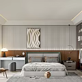 Modern Bedroom With Vertical Striped Bedhead Wall Abstract Artwork Nightstands Lamps Rug And Glass Wardrobe