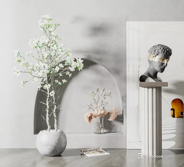 Classical Head Sculpture Display On Marble Pedestal With Arched Niche And White Blossom Plant 3d model 