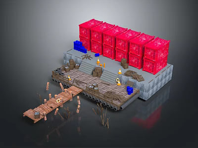 3D Rendered Scene With Red Crates Wooden Bridge Steps Barrels And Blue Boxes 3d model