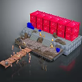 3D Rendered Scene With Red Crates Wooden Bridge Steps Barrels And Blue Boxes