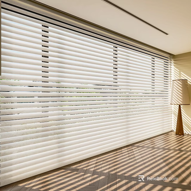 White Venetian Blinds Covering Window In Modern Room With Striped Flooring And Floor Lamp 3d model 
