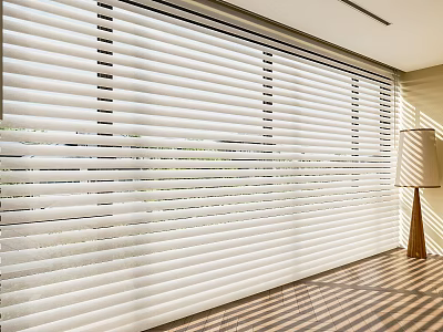 White Venetian Blinds Covering Window In Modern Room With Striped Flooring And Floor Lamp 3d model