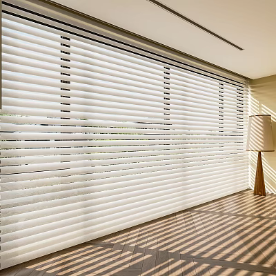 White Venetian Blinds Covering Window In Modern Room With Striped Flooring And Floor Lamp 3d model