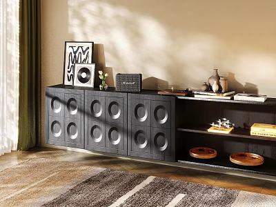 Black Entryway Cabinet And Sideboard With Round Hole Design Decorative Items In Natural Light 3d model
