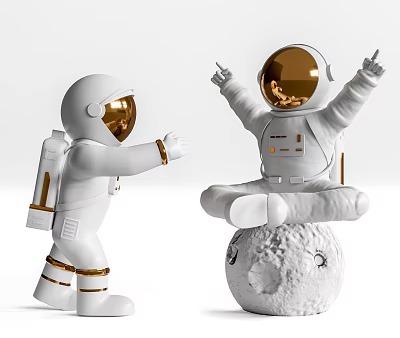 Decorative Ornament Set Featuring Two White Gold Astronaut Figures Standing And Sitting On Moon Model 3d model