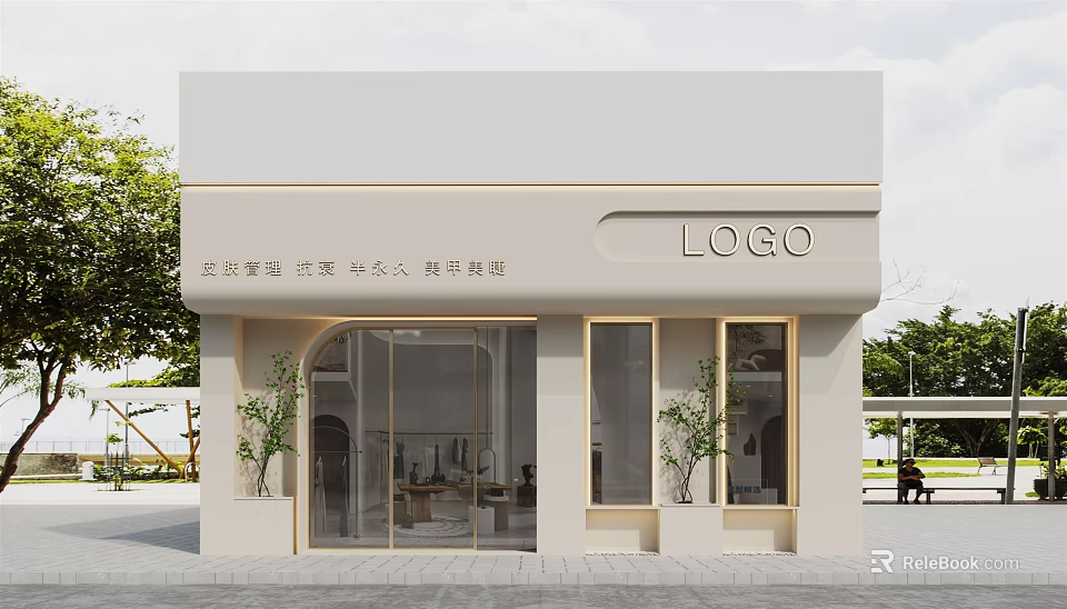 Modern Minimalist Beige Storefront Design With Glass Door Windows And Green Plants 3d model 
