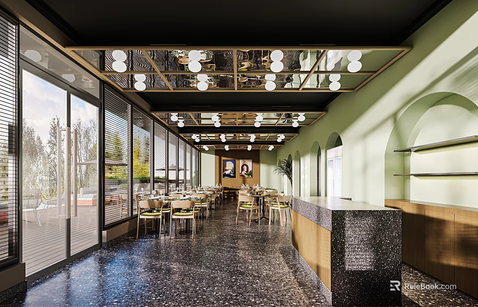 Modern Restaurant Interior With Large Windows Pendant Lights Dining Tables And Chairs 3d model