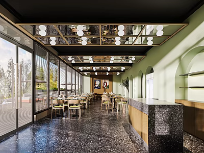 Modern Restaurant Interior With Large Windows Pendant Lights Dining Tables And Chairs 3d model