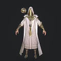 Hooded Fantasy Character In White Robe With Golden Accents And Circular Shoulder Ornament