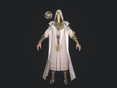 Hooded Fantasy Character In White Robe With Golden Accents And Circular Shoulder Ornament 3d model