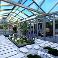 Glass Greenhouse Style Restaurant With Transparent Roof Dining Area And Indoor Plants