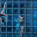 Commercial LED Display Wall With Blue Grid Design And Dancers In Performance 3d model