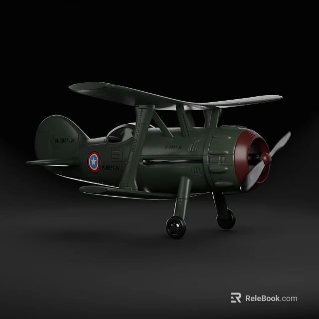 Vintage Military Biplane Weapon Green Aircraft With Propeller And Insignia Details 3d model 