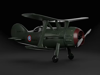 Vintage Military Biplane Weapon Green Aircraft With Propeller And Insignia Details 3d model