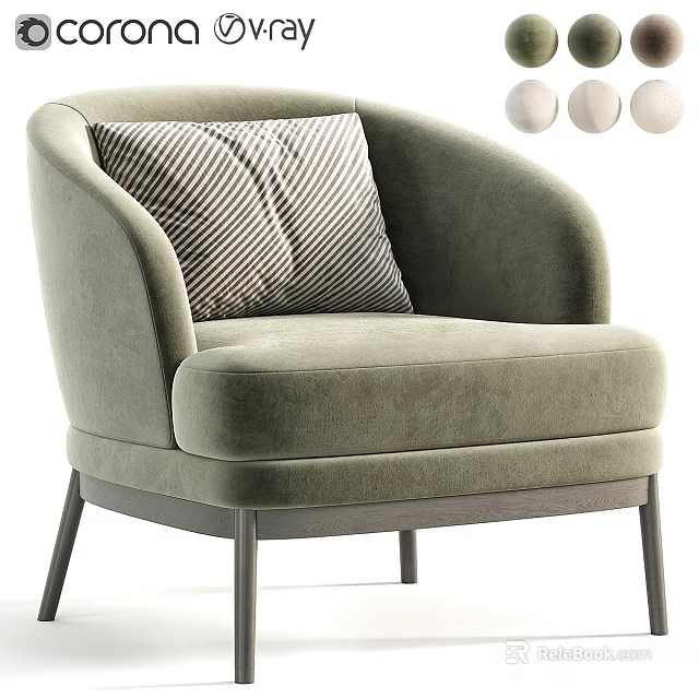 Light Green Leisure Chair With Striped Pillow Dark Legs And White Round Decor 3d model 