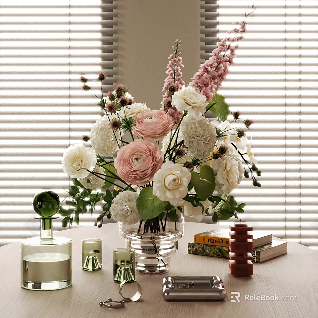 Pink and White Blooms in Glass Vase with Perfume Bottles Candles and Window Blinds 3d model 
