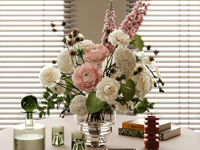Pink and White Blooms in Glass Vase with Perfume Bottles Candles and Window Blinds 3d model