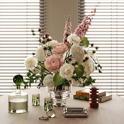 Pink and White Blooms in Glass Vase with Perfume Bottles Candles and Window Blinds 3d model