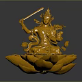 Golden Buddha Sculpture Carving With Intricate Carved Details Holding Sword On Lotus Base