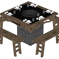 Rustic Square Dining Table Set With Wooden Benches And Central Fire Pit 3d model