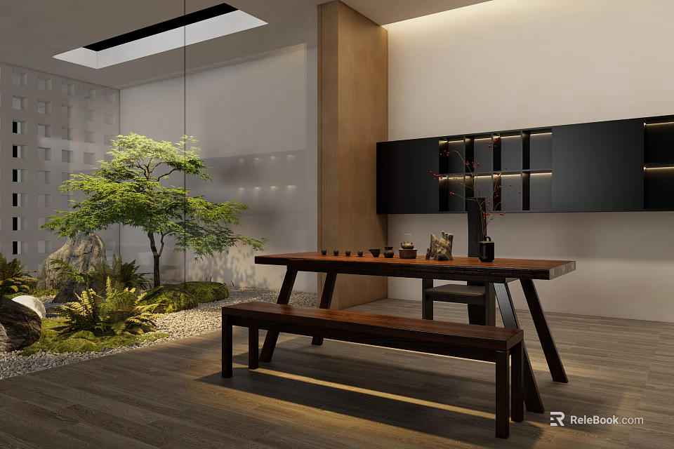 Modern Tea Room Interior With Wooden Long Table Stone Landscape Green Plants And Black Shelf 3d model 