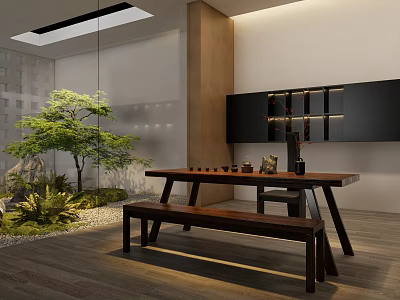 Modern Tea Room Interior With Wooden Long Table Stone Landscape Green Plants And Black Shelf 3d model