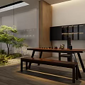 Modern Tea Room Interior With Wooden Long Table Stone Landscape Green Plants And Black Shelf