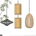 Bamboo Woven Lanterns in Various Shapes Hanging by Brick Wall with Bamboo Plant