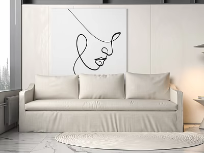Modern Minimalist Beige Sectional Sofa With Soft Cushions Round Rug And Wall Art 3d model