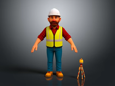 Professional Industrial Measuring Equipment On Tripod With Worker In Safety Gear 3d model