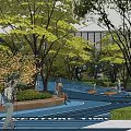 Outdoor Garden Landscape Design With Children's Playground Blue Ground Climbing Nets And Trees