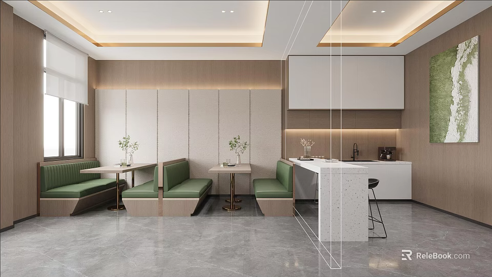 Modern Break Room Interior Design With Seating Area Green Plants And Bar Counter 3d model 