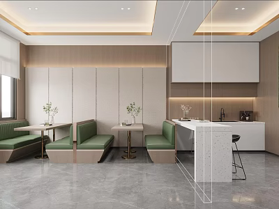 Modern Break Room Interior Design With Seating Area Green Plants And Bar Counter 3d model