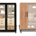 Modern Black and Wooden Sideboard featuring Glass Doors Drawers Black Legs Dinnerware and Decorative Items