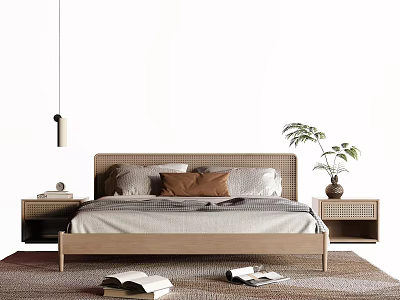 Beige Double Bed with Woven Headboard Nightstands Pendant Light Potted Plant and Books on Rug 3d model