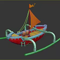 Cartoon Boat Scene With Red Blue Hull Yellow Sail Wooden Barrels And White Curved Supports