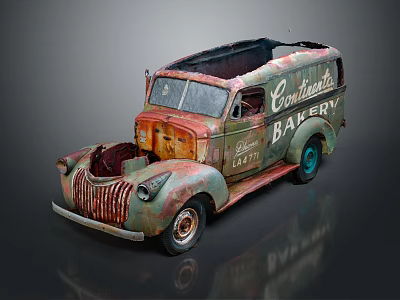 Rustic Green Red Continental Bakery Vintage Truck With Old Design And Blue Wheels 3d model