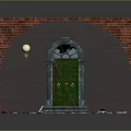 Green Door in Red Brick Arch With Round Light Small Window and White Paper Planes