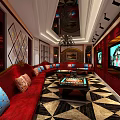 Stylish KTV Lounge Interior With Red Sofas Decorative Pillows Coffee Table And Geometric Floor 3d model