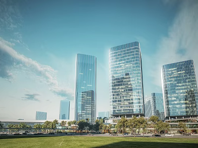 Modern High Rise Office Building With Glass Curtain Wall And Cityscape Lawn View 3d model