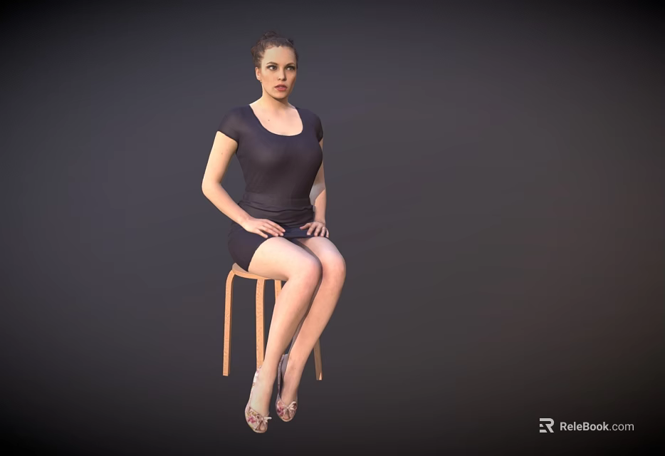 Woman Sitting On Wooden Stool Wearing Black Dress And High Heels Against Dark Background 3d model 