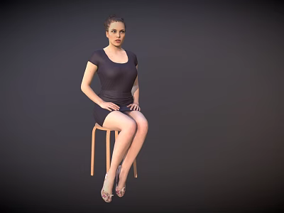 Woman Sitting On Wooden Stool Wearing Black Dress And High Heels Against Dark Background 3d model