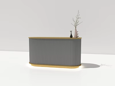 Modern Reception Desk With Ribbed Grey Panel And Golden Base Decorated With Vase And Twigs 3d model