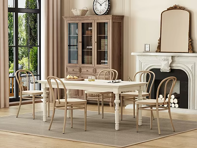 Cozy Home Interior Featuring White Dining Table And Chairs With Wooden Cabinet Fireplace And Mirror 3d model