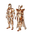 Two Armor Models in Golden and Silver Ornate Armor with Decorative Plates and Cloak