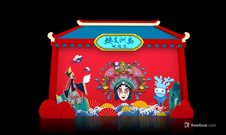 Traditional Decorative Scene With Red Background Chinese Opera Mask Fans And Deer Figure 3d model 